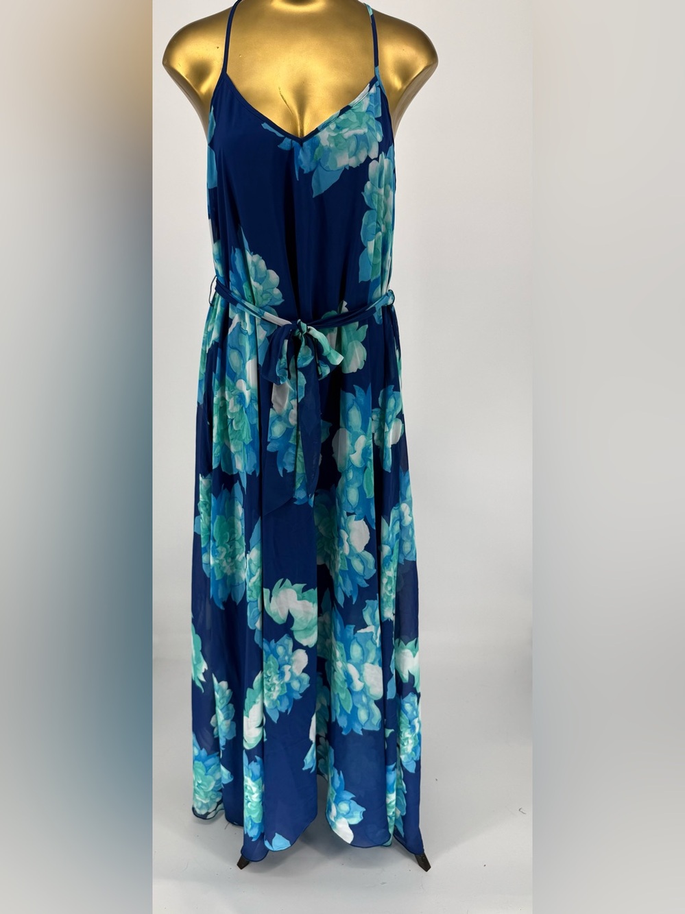 Bisou Bisou Blue Floral Maxi Dress with Aqua Accents Strappy Belted Size 14